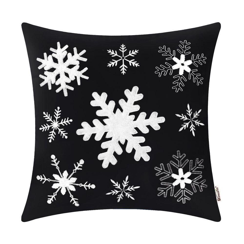 5858 Christmas Pillow Cover 18 X 18 Inches, Black Snowflake Embroidered